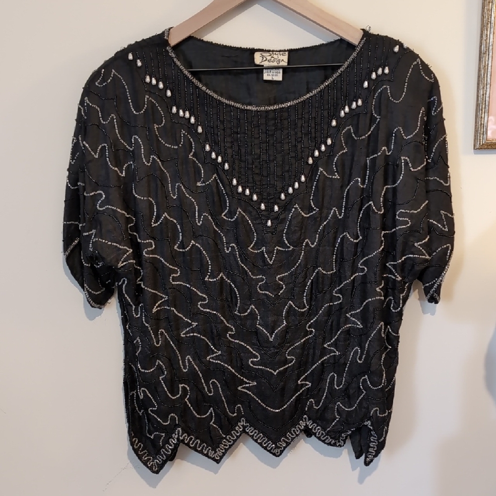 Vintage 80s Style Design 100% Silk Beaded Top Size L